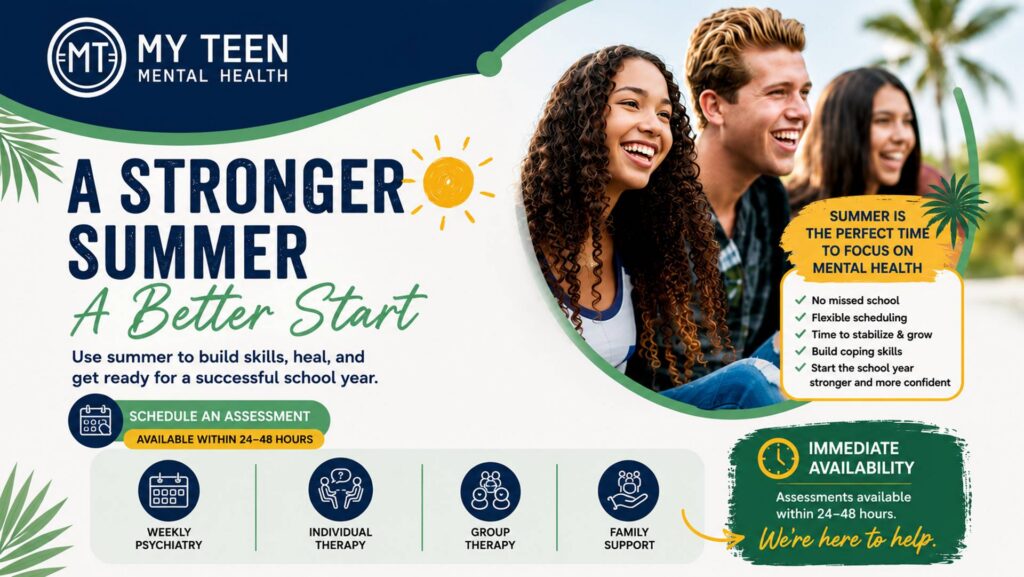 Banner for My Teen Mental Health featuring smiling teens with the headline'A Stronger Summer, A Better Start' and a sun graphic in a tropical-themed design to promote teen mental wellness this summer.